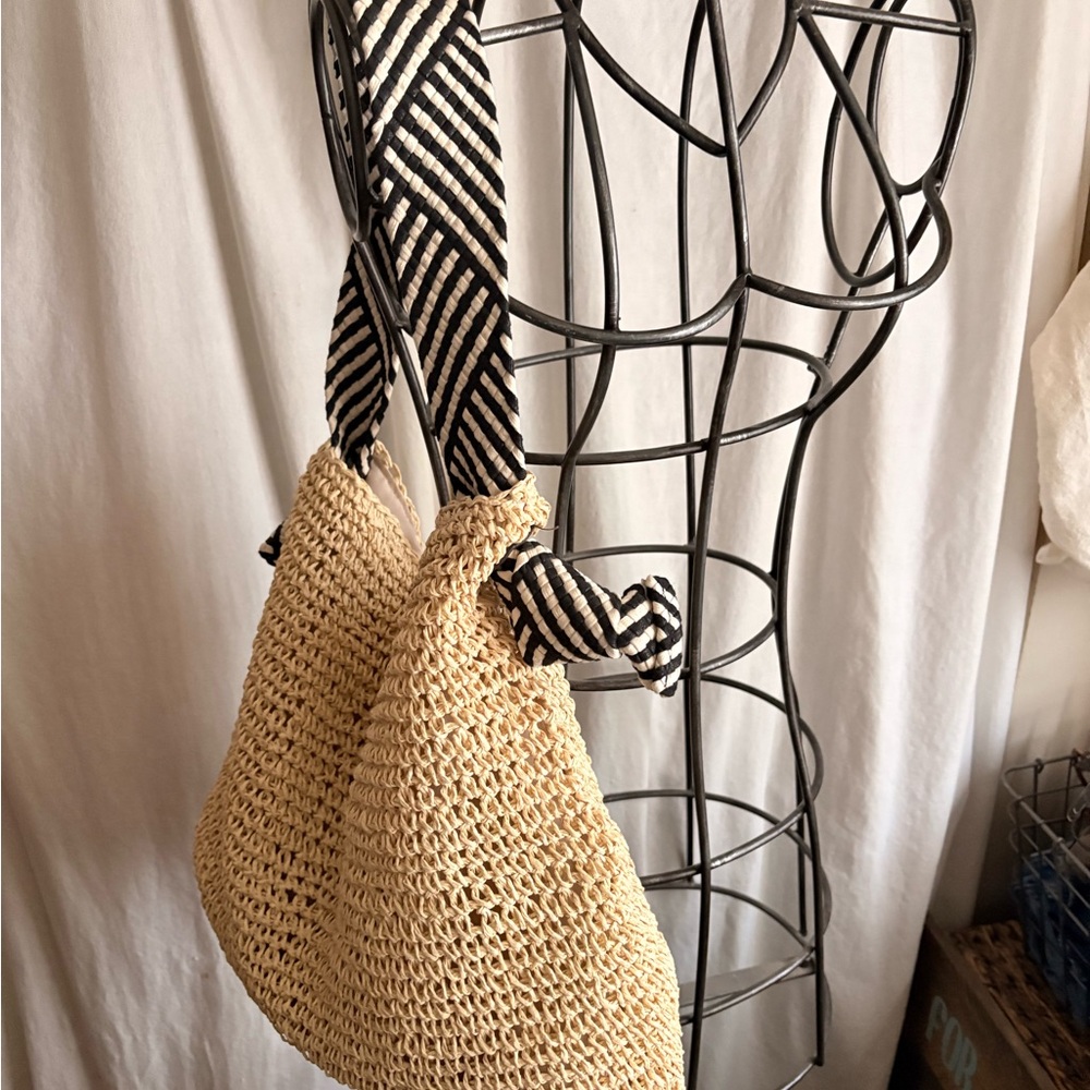 Woven Straw Shoulder Bag with Black & White Strap